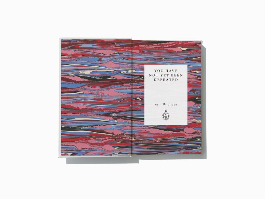 The marbled endpapers of You Have Not Yet Been Defeated by Alaa Abd el-Fattah, translated by Collective. The bookplate is also shown.