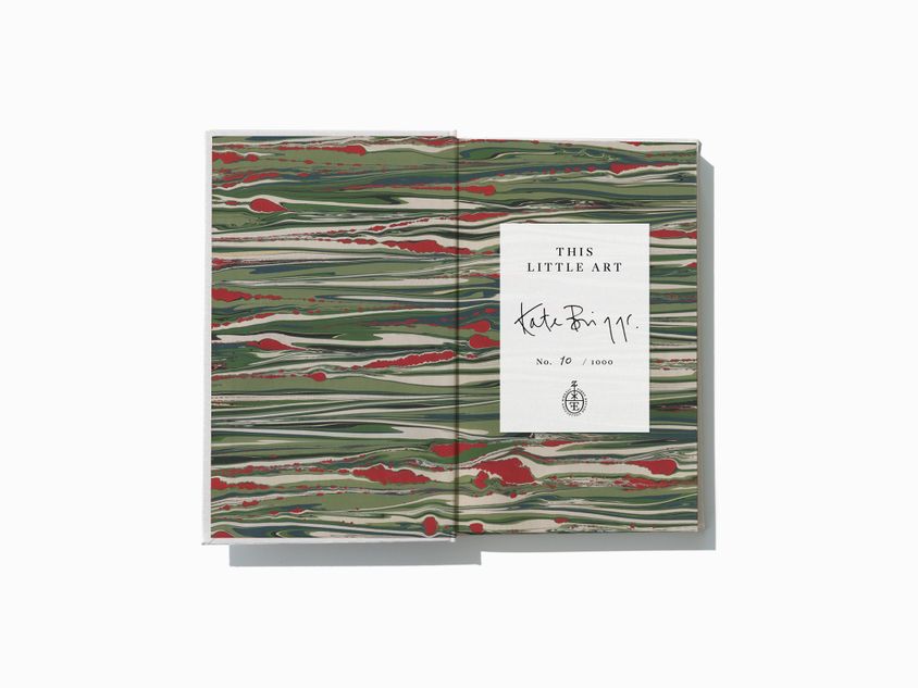 The marbled endpapers of This Little Art by Kate Briggs. The signed and numbered bookplate is also shown.
