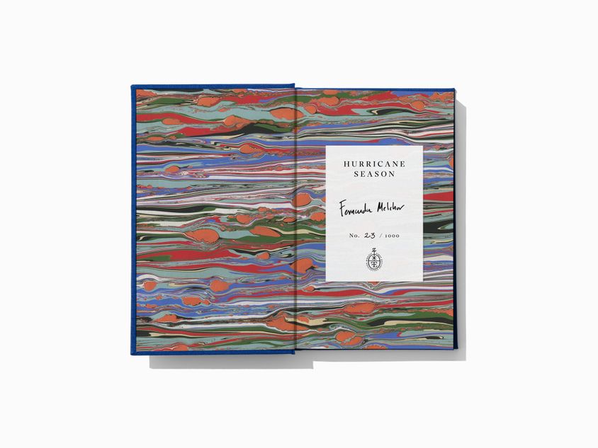 The marbled endpapers of Hurricane Season by Fernanda Melchor, translated by Sophie Hughes. The signed and numbered bookplate is also shown.